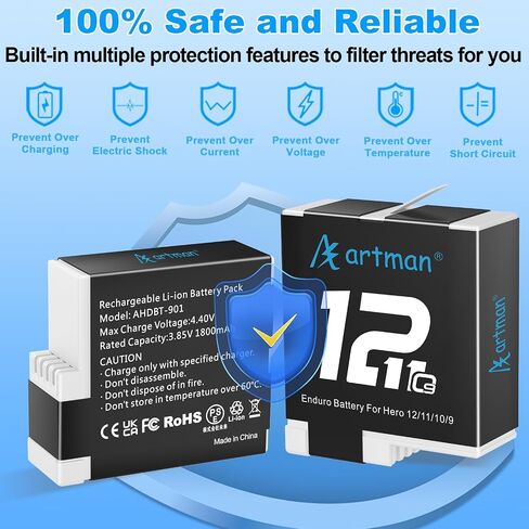 Artman Battery Charger Kits 1800mAh for GoPro Hero 12 11 10 9 Black, 2-Pack in Kuwait