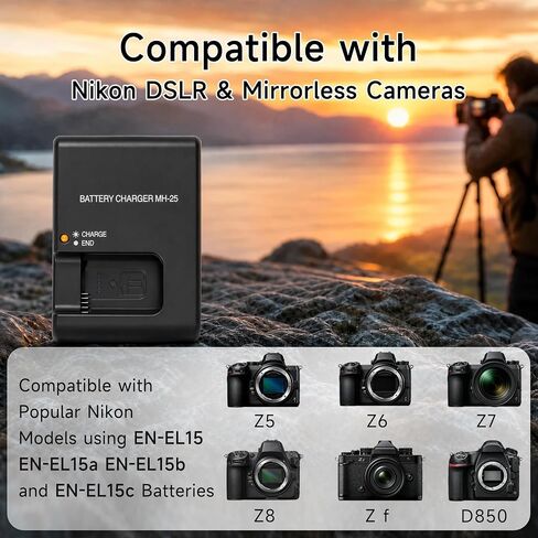 MH-25 MH-25A Charger Replacement for Nikon Z5 Z6 Z7 Z8 Zf Z6II Z7II Z6III | Smart Camera Battery Charger Compatible with Nikon EN-EL15 EN-EL15a EN-EL15b EN-EL15c, D850, D750, D810, D7500, D500, D610 in Kuwait