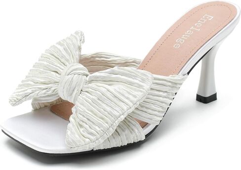 Enelauge Women's Bow Knot Heeled Sandals Open Toe Low Kitten Heels Mules Sandals Slip On Pleated Wedding Bridal Party Dress Shoes in Kuwait