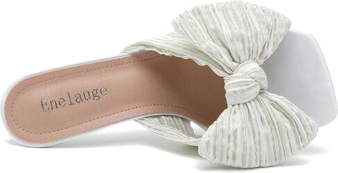 Enelauge Women's Bow Knot Heeled Sandals Open Toe Low Kitten Heels Mules Sandals Slip On Pleated Wedding Bridal Party Dress Shoes in Kuwait