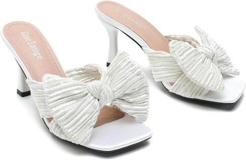 Enelauge Women's Bow Knot Heeled Sandals Open Toe Low Kitten Heels Mules Sandals Slip On Pleated Wedding Bridal Party Dress Shoes in Kuwait
