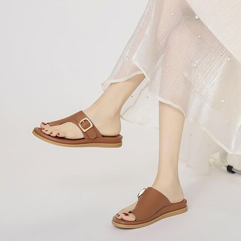 Myallfeet New Women's Summer High-End Versatile Thong Sandals Trendy Single Band Flat Slides Roman Inspired Non-Slip Comfort Outdoor Beach Daily Dressy Slippers for Ladies in Kuwait