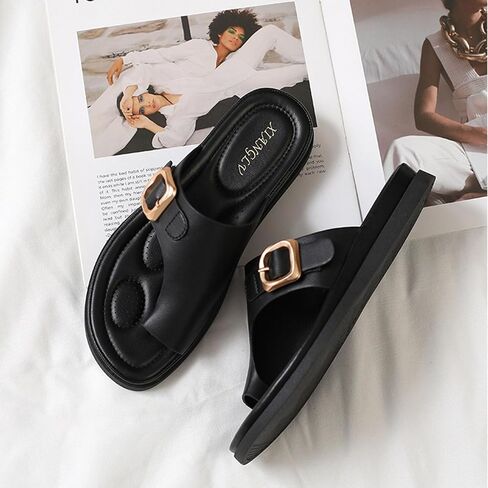 Myallfeet New Women's Summer High-End Versatile Thong Sandals Trendy Single Band Flat Slides Roman Inspired Non-Slip Comfort Outdoor Beach Daily Dressy Slippers for Ladies in Kuwait