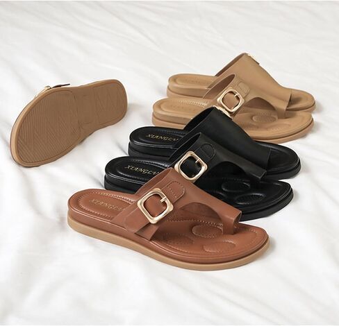 Myallfeet New Women's Summer High-End Versatile Thong Sandals Trendy Single Band Flat Slides Roman Inspired Non-Slip Comfort Outdoor Beach Daily Dressy Slippers for Ladies in Kuwait