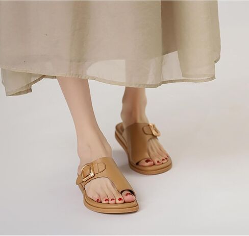 Myallfeet New Women's Summer High-End Versatile Thong Sandals Trendy Single Band Flat Slides Roman Inspired Non-Slip Comfort Outdoor Beach Daily Dressy Slippers for Ladies in Kuwait