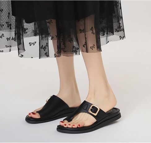Myallfeet New Women's Summer High-End Versatile Thong Sandals Trendy Single Band Flat Slides Roman Inspired Non-Slip Comfort Outdoor Beach Daily Dressy Slippers for Ladies in Kuwait