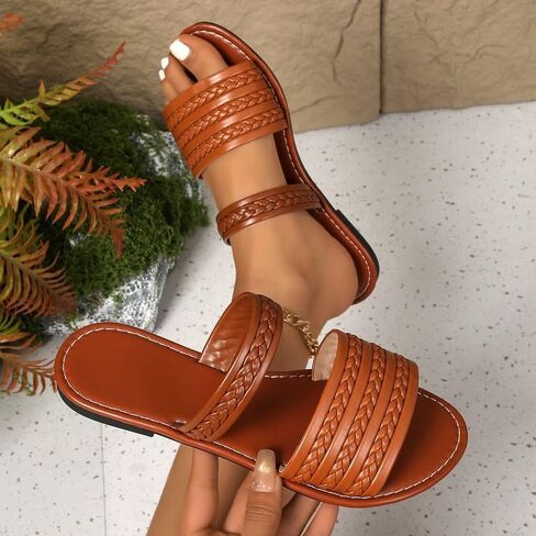 Women's Braided Flat Sandals Two Band Slip On Slides Casual Summer Open Toe Shoes in Kuwait