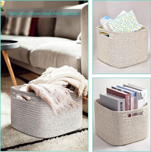 3 Pack Cotton Rope Storage Baskets, 9"x9"x7" Cube Organizer Bins | with Reinforced Handles for Toys, Clothes, Towels, Shelf – Natural Gift Baskets for Nursery, Bathroom, Pantry in Kuwait