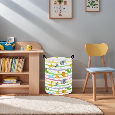 Baby Laundry Hamper & Kid Laundry Basket, Room Decor | Storage Bin, Linen Cotton Fabric, Clothes Organizer, Colorful Animals in Kuwait