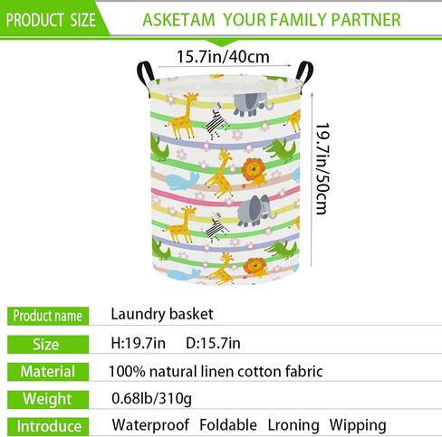Baby Laundry Hamper & Kid Laundry Basket, Room Decor | Storage Bin, Linen Cotton Fabric, Clothes Organizer, Colorful Animals in Kuwait
