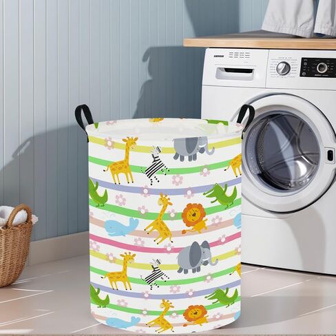 Baby Laundry Hamper & Kid Laundry Basket, Room Decor | Storage Bin, Linen Cotton Fabric, Clothes Organizer, Colorful Animals in Kuwait