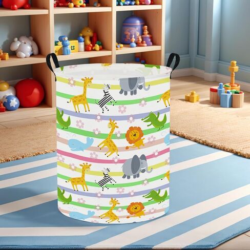 Baby Laundry Hamper & Kid Laundry Basket, Room Decor | Storage Bin, Linen Cotton Fabric, Clothes Organizer, Colorful Animals in Kuwait