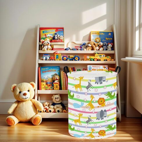 Baby Laundry Hamper & Kid Laundry Basket, Room Decor | Storage Bin, Linen Cotton Fabric, Clothes Organizer, Colorful Animals in Kuwait