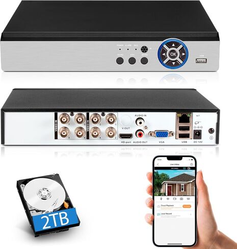 8 Channel Security DVR Recorder with 2tb Hard Drive,5MP Surveillance Video Recorder for Security Camera,1080p Hybrid 5-in-1 Wired DVR AHD/TVI/CVI/CVBS/IP Camera with Human Detection,24/7 Recording in Kuwait