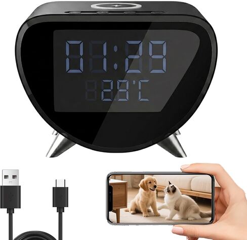 4K Clock Camera with Wireless Charger for Indoor Daytime Use | WiFi &AP Hotspot, Local & Cloud Storage, Motion Detection, 100° Wide Angle, USB Powered, No Audio in Kuwait