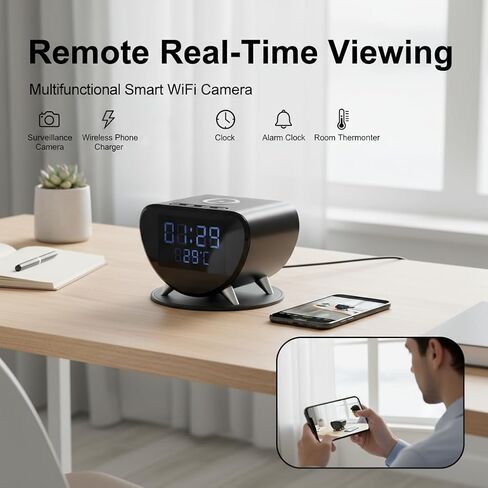4K Clock Camera with Wireless Charger for Indoor Daytime Use | WiFi &AP Hotspot, Local & Cloud Storage, Motion Detection, 100° Wide Angle, USB Powered, No Audio in Kuwait