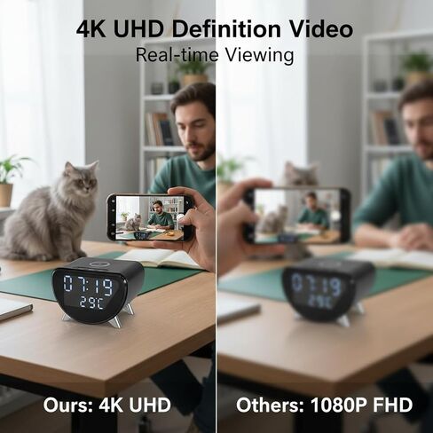 4K Clock Camera with Wireless Charger for Indoor Daytime Use | WiFi &AP Hotspot, Local & Cloud Storage, Motion Detection, 100° Wide Angle, USB Powered, No Audio in Kuwait