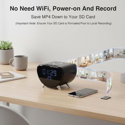 4K Clock Camera with Wireless Charger for Indoor Daytime Use | WiFi &AP Hotspot, Local & Cloud Storage, Motion Detection, 100° Wide Angle, USB Powered, No Audio in Kuwait