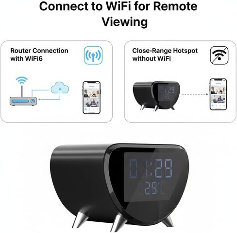 4K Clock Camera with Wireless Charger for Indoor Daytime Use | WiFi &AP Hotspot, Local & Cloud Storage, Motion Detection, 100° Wide Angle, USB Powered, No Audio in Kuwait