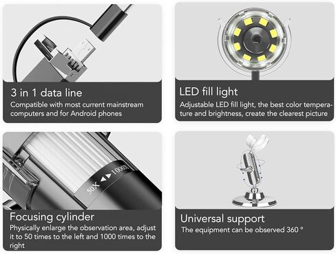 3 in 1 Digital Microscope Handheld Digital Microscope with HD 1600X Image and WiFi Connection USB Port Magnification Microscope for iOS in Kuwait