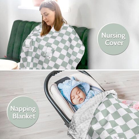 DILIMI Baby Car Seat Cover, Minky Warm Winter Car Seat Covers for Babies, Peekaboo Opening Infant Car Seat Cover, Nursing Cover Carseat Canopy, Green Checkered in Kuwait