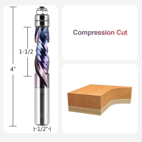 SpeTool Solid Carbide Compression Spiral Flush Trim Router Bit 1/2 Inch Shank with TAC Coating, Extra Long Bottom Bearing Flush Cut Router Bits 1/2 Shank for Woodworking Template Pattern Trimming in Kuwait