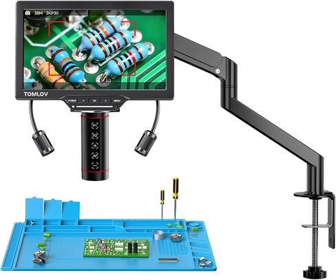 TOMLOV Autofocus Digital Microscope TM3K-AF Max: 3K Flex Arm HDMI Microscope with Screen, Micro Soldering Microscopes, Coin Magnifier, 10.1" IPS Screen, Side Lights, Repair Mat, PC/TV Compatible, 16G in Kuwait