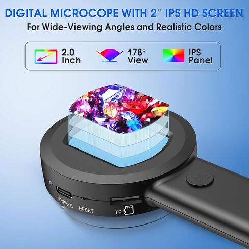 Pocket Digital Microscope Magnifying Glass with Light for Kids and Adults | 100X Handheld Pocket Size Jewelers Loupe with 2" Screen, Portable USB Coin Magnifier for Collector Jewelry Trichome in Kuwait