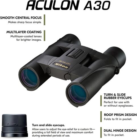 Nikon ACULON A30 10x25 Compact Binoculars - Lightweight Dual-Hinge Design, Multilayer-Coated Lenses, Smooth Central Focus, Ergonomic Grip for Hunting, Hiking, and Outdoor Adventures in Kuwait