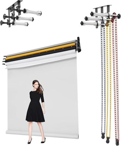 3 Roller Photography Wall Mounting Manual Background Support System Three-axis Hook Photography Backdrop Photo Background Support Stand with 3 Chains & 3 Expansion Sticks in Kuwait