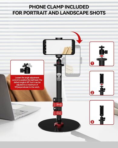RB-A200-S Tabletop Round Base Monopod Stand with Phone Holder & Ball Head | 22" Adjustable Desk Camera Stand, 22 lb Load Capacity, 1/4" & 3/8" Mount for Camera, Phone, Light, Mic, Monitor in Kuwait
