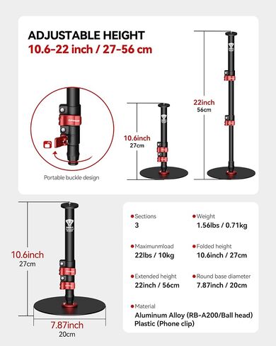 RB-A200-S Tabletop Round Base Monopod Stand with Phone Holder & Ball Head | 22" Adjustable Desk Camera Stand, 22 lb Load Capacity, 1/4" & 3/8" Mount for Camera, Phone, Light, Mic, Monitor in Kuwait