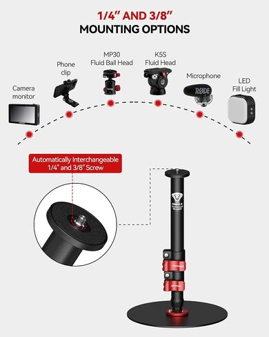 RB-A200-S Tabletop Round Base Monopod Stand with Phone Holder & Ball Head | 22" Adjustable Desk Camera Stand, 22 lb Load Capacity, 1/4" & 3/8" Mount for Camera, Phone, Light, Mic, Monitor in Kuwait