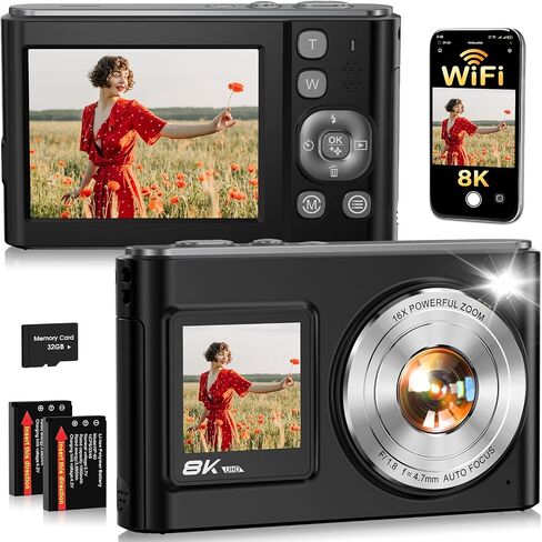 8K Digital Camera for Photography,96MP WiFi Dual Screens Vlogging Camera | Autofocus,16X Zoom,Anti-Shake,Compact Point and Shoot Camera for Teens,Beginners,Travel,32GB Card,2 Batteries in Kuwait