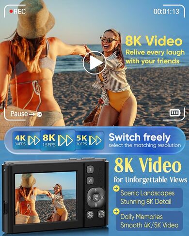 8K Digital Camera for Photography,96MP WiFi Dual Screens Vlogging Camera | Autofocus,16X Zoom,Anti-Shake,Compact Point and Shoot Camera for Teens,Beginners,Travel,32GB Card,2 Batteries in Kuwait
