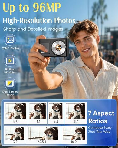 8K Digital Camera for Photography,96MP WiFi Dual Screens Vlogging Camera | Autofocus,16X Zoom,Anti-Shake,Compact Point and Shoot Camera for Teens,Beginners,Travel,32GB Card,2 Batteries in Kuwait