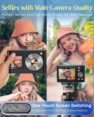 8K Digital Camera for Photography,96MP WiFi Dual Screens Vlogging Camera | Autofocus,16X Zoom,Anti-Shake,Compact Point and Shoot Camera for Teens,Beginners,Travel,32GB Card,2 Batteries in Kuwait