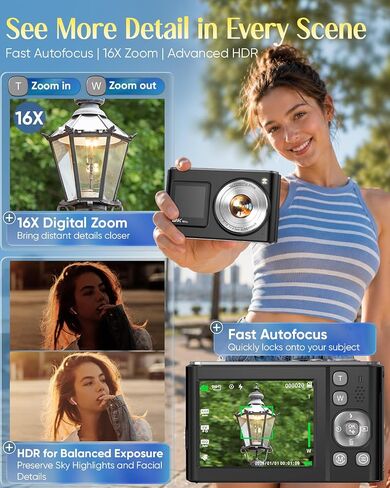 8K Digital Camera for Photography,96MP WiFi Dual Screens Vlogging Camera | Autofocus,16X Zoom,Anti-Shake,Compact Point and Shoot Camera for Teens,Beginners,Travel,32GB Card,2 Batteries in Kuwait
