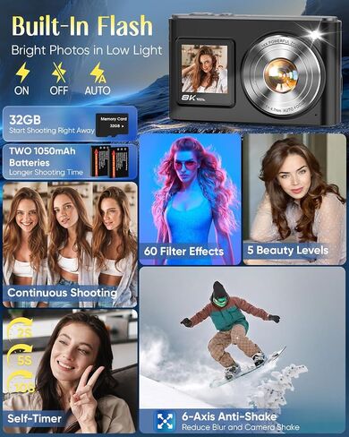 8K Digital Camera for Photography,96MP WiFi Dual Screens Vlogging Camera | Autofocus,16X Zoom,Anti-Shake,Compact Point and Shoot Camera for Teens,Beginners,Travel,32GB Card,2 Batteries in Kuwait
