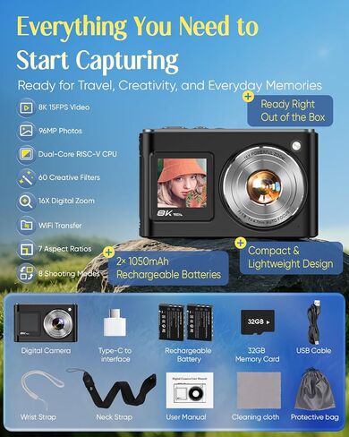 8K Digital Camera for Photography,96MP WiFi Dual Screens Vlogging Camera | Autofocus,16X Zoom,Anti-Shake,Compact Point and Shoot Camera for Teens,Beginners,Travel,32GB Card,2 Batteries in Kuwait