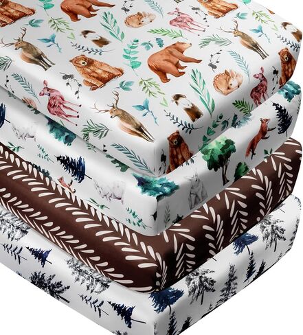 4 Pack Woodland Forest Animals Wood Neutral Unisex Fitted Baby Crib Sheets Set for Baby Boys or Girls in Kuwait