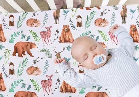 4 Pack Woodland Forest Animals Wood Neutral Unisex Fitted Baby Crib Sheets Set for Baby Boys or Girls in Kuwait