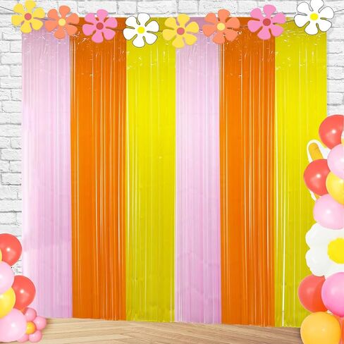 Groovy Foil Fringe Curtains Backdrop Birthday Party Decorations, 2 Pack | 3.28 x 6.56 Ft Orange Yellow Pink Tinsel Streamers Photo Booth Props for Hippie Retro Boho Themed Party Decor Supplies Favors in Kuwait