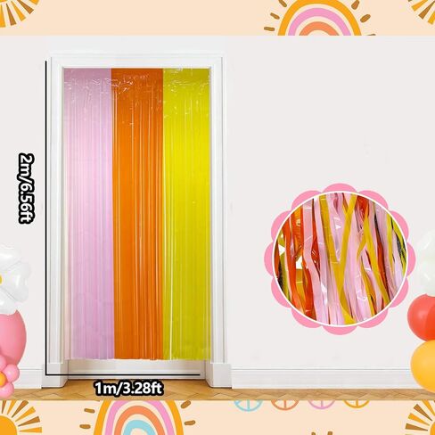 Groovy Foil Fringe Curtains Backdrop Birthday Party Decorations, 2 Pack | 3.28 x 6.56 Ft Orange Yellow Pink Tinsel Streamers Photo Booth Props for Hippie Retro Boho Themed Party Decor Supplies Favors in Kuwait