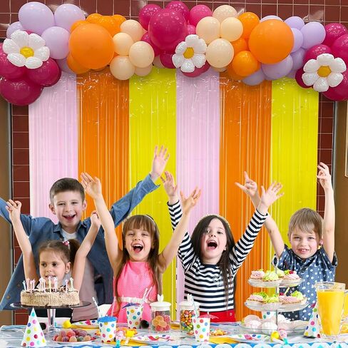 Groovy Foil Fringe Curtains Backdrop Birthday Party Decorations, 2 Pack | 3.28 x 6.56 Ft Orange Yellow Pink Tinsel Streamers Photo Booth Props for Hippie Retro Boho Themed Party Decor Supplies Favors in Kuwait