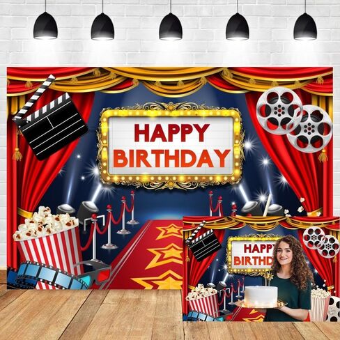 9x6ft Movie Happy Birthday Backdrop Red Carpet Curtain Spotlight Sparkly Stage Film Photography Background Popcorn Movie Night Party Photo Backdrop Prom Birthday Party Decoration Photo Booth Props in Kuwait