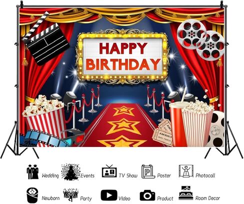 9x6ft Movie Happy Birthday Backdrop Red Carpet Curtain Spotlight Sparkly Stage Film Photography Background Popcorn Movie Night Party Photo Backdrop Prom Birthday Party Decoration Photo Booth Props in Kuwait