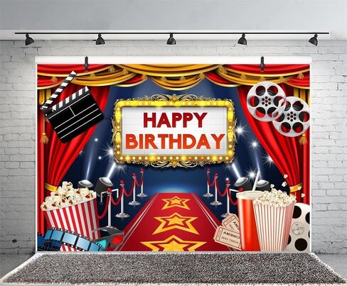 9x6ft Movie Happy Birthday Backdrop Red Carpet Curtain Spotlight Sparkly Stage Film Photography Background Popcorn Movie Night Party Photo Backdrop Prom Birthday Party Decoration Photo Booth Props in Kuwait