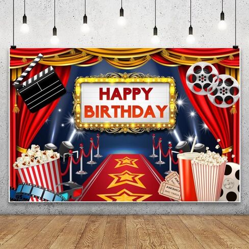 9x6ft Movie Happy Birthday Backdrop Red Carpet Curtain Spotlight Sparkly Stage Film Photography Background Popcorn Movie Night Party Photo Backdrop Prom Birthday Party Decoration Photo Booth Props in Kuwait