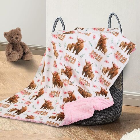 Highland Cow Lovey Baby Blanket for Boys Girls Soft Fleece Minky Blanket with Dotted Backing Double Layer Newborn Toddler Blankie for Nursery Stroller Crib Gift to Son Nephew Grandson 26.5 * 40 Inches in Kuwait